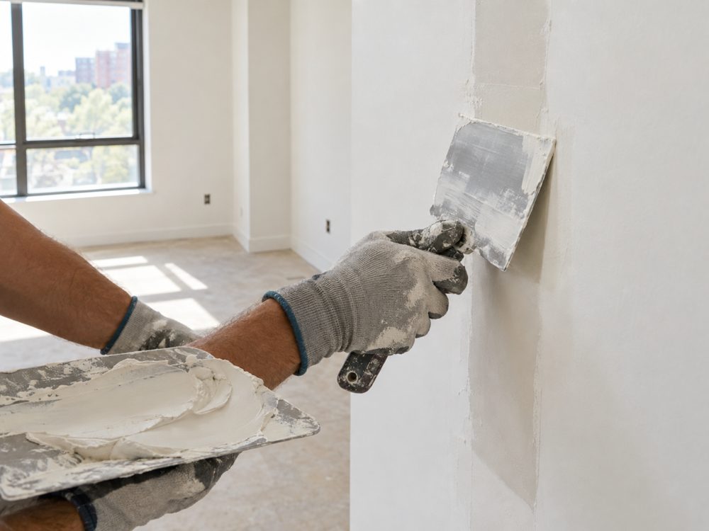 Drywall patch being finished with joint compound