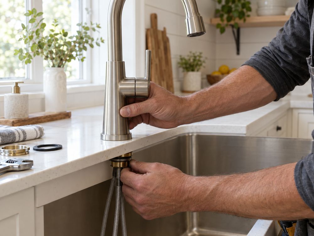New kitchen faucet being installed on a white countertop