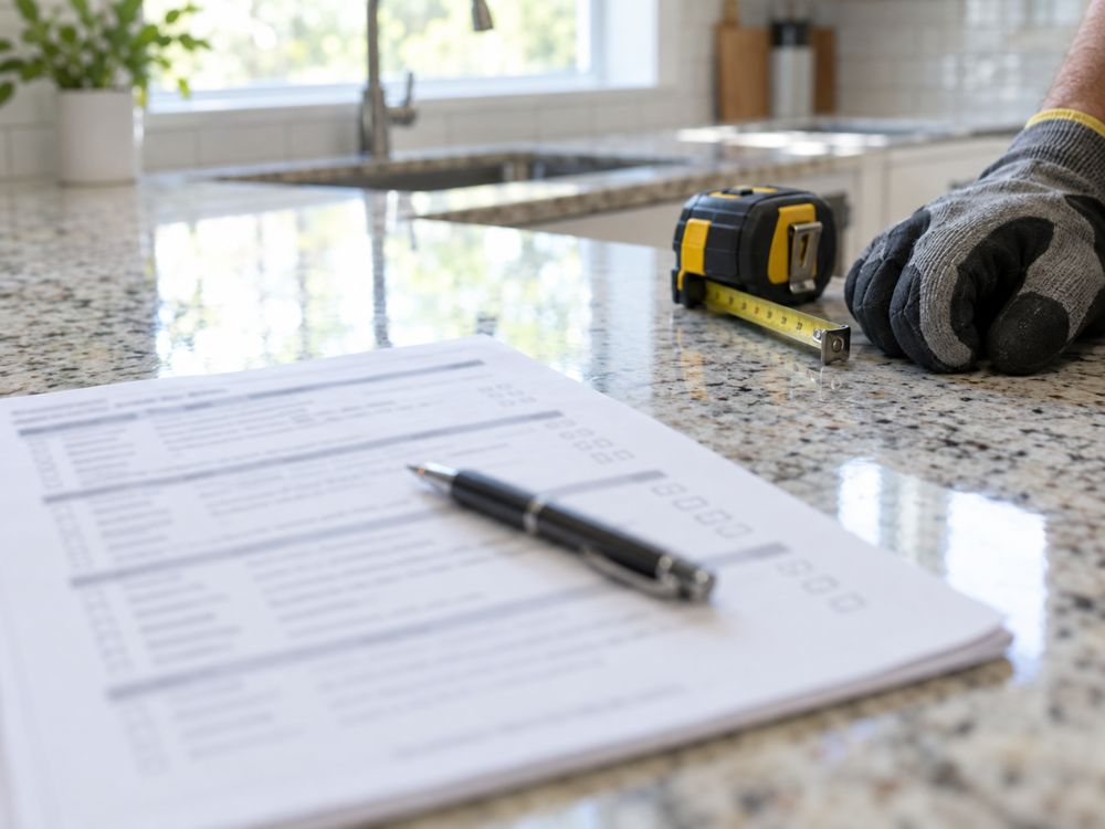 Home inspection report and tape measure on a kitchen counter